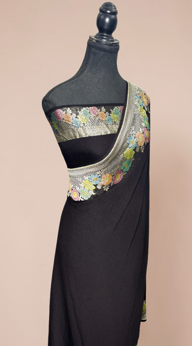 Black Pure Khaddi Georgette Banarasi Saree - Hand Filled Meenakari