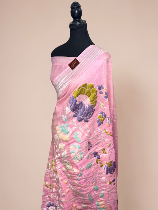 Pastel Pink Pure Tussar Georgette Banarasi Handloom Saree - Meenakari