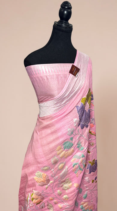 Pastel Pink Pure Tussar Georgette Banarasi Handloom Saree - Meenakari