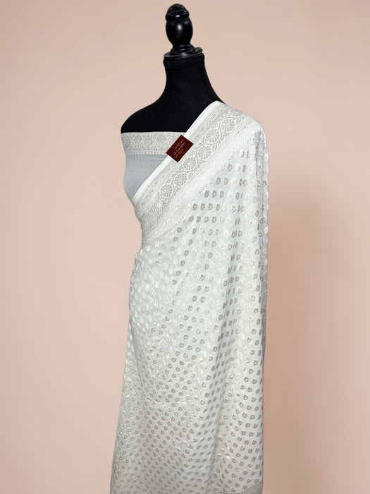 White Pure Khaddi Georgette Banarasi Saree - Silver Zari