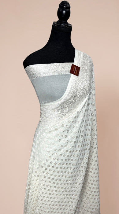 White Pure Khaddi Georgette Banarasi Saree - Silver Zari
