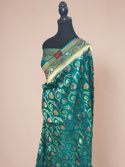 Sea Blue Pure Katan Banarasi Handloom Saree - Meenakari Work