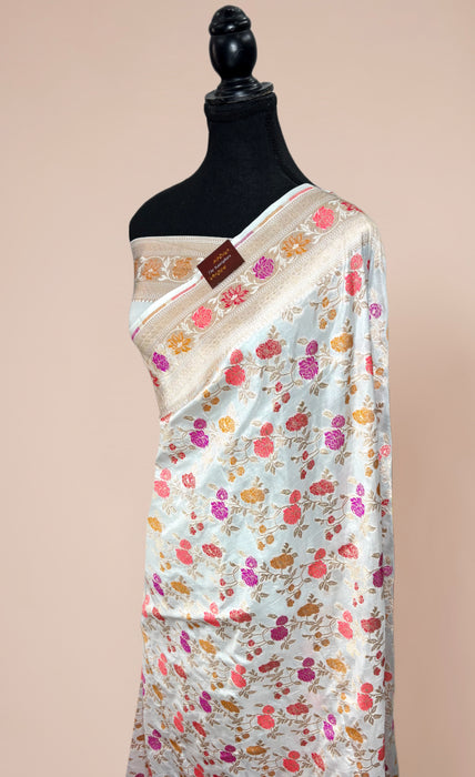 White Pure Katan Banarasi Handloom Saree - Meenakari Work