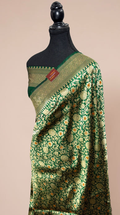 Green Pure Katan Banarasi Handloom Saree - Meenakari brocade Work