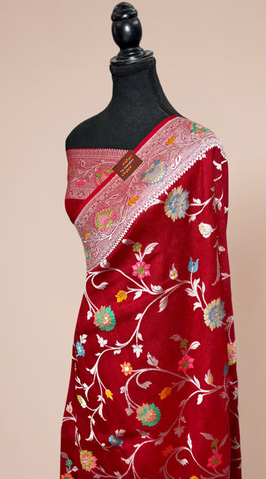 Maroon Pure Tussar Georgette Banarasi Handloom Saree - Meenakari Jaal