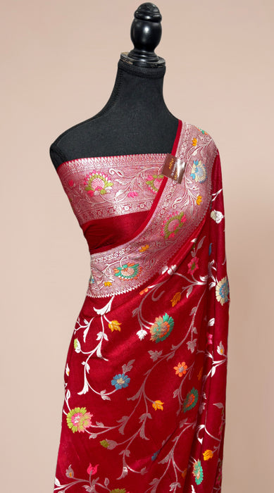 Maroon Pure Tussar Georgette Banarasi Handloom Saree - Meenakari Jaal