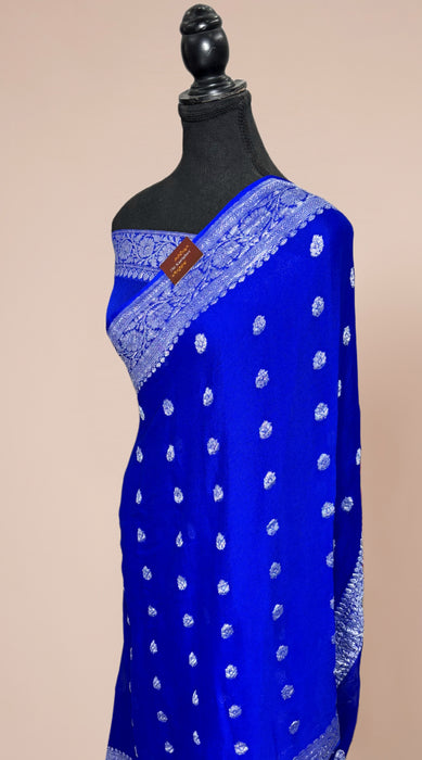 Royal Blue Pure Kadhwa Chiffon Georgette Banarasi Saree - Silver Zari
