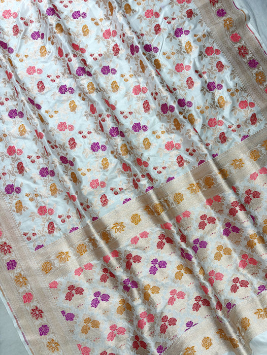 White Pure Katan Banarasi Handloom Saree - Meenakari Work