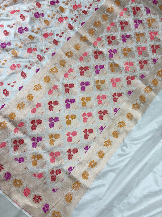 White Pure Katan Banarasi Handloom Saree - Meenakari Work