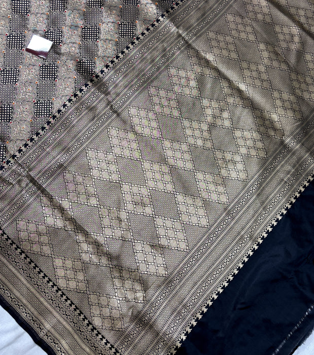 Black Pure Katan Banarasi Handloom Saree - Meenakari brocade Work