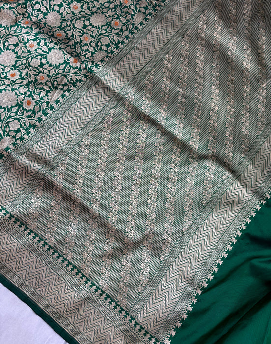 Green Pure Katan Banarasi Handloom Saree - Meenakari brocade Work