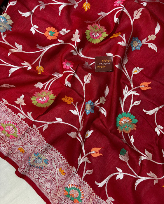 Maroon Pure Tussar Georgette Banarasi Handloom Saree - Meenakari Jaal