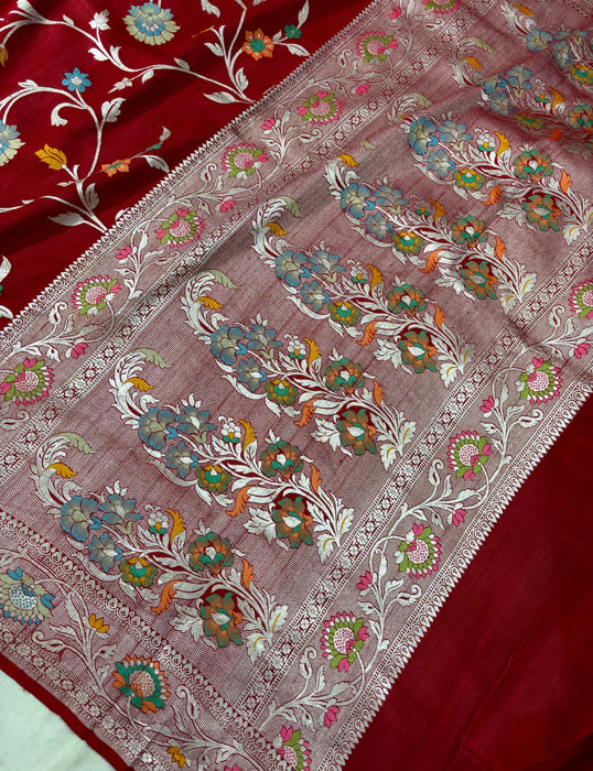 Maroon Pure Tussar Georgette Banarasi Handloom Saree - Meenakari Jaal