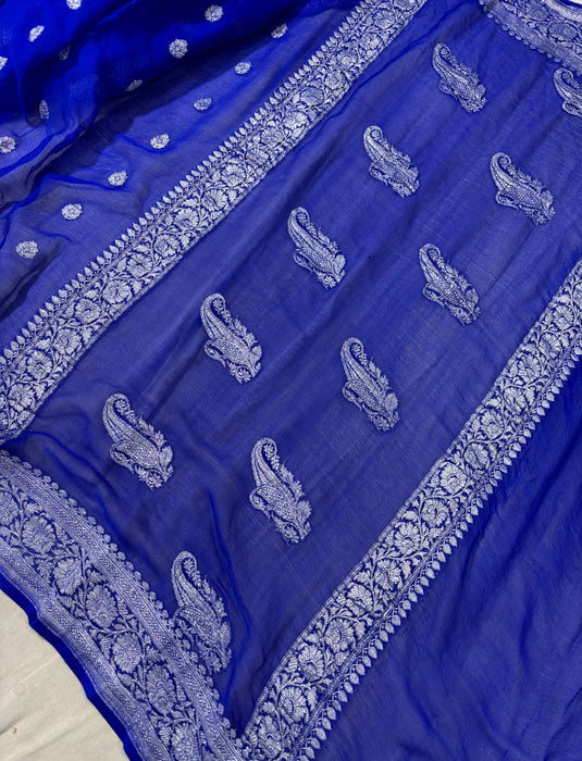 Royal Blue Pure Kadhwa Chiffon Georgette Banarasi Saree - Silver Zari