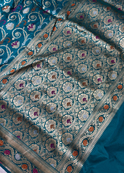 Sea Blue Pure Katan Banarasi Handloom Saree - Meenakari Work