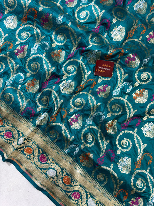 Sea Blue Pure Katan Banarasi Handloom Saree - Meenakari Work