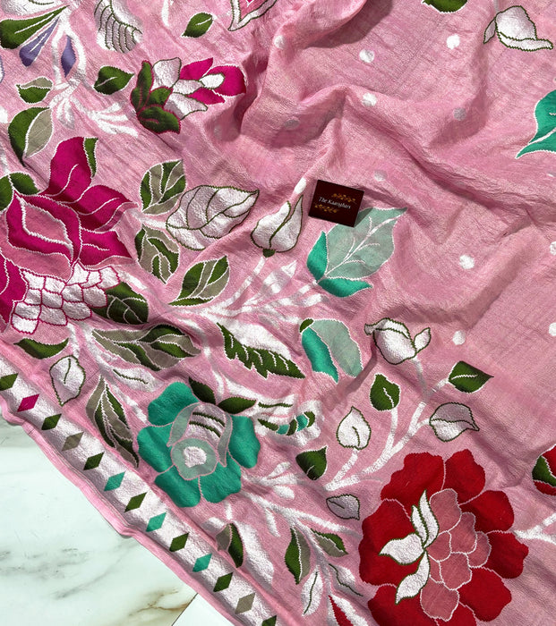 Light Pink Pure Tussar Georgette Banarasi Handloom Saree - Meenakari