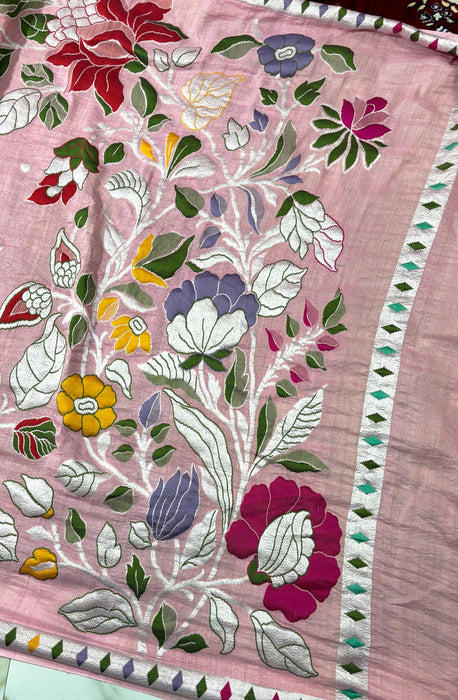 Light Pink Pure Tussar Georgette Banarasi Handloom Saree - Meenakari