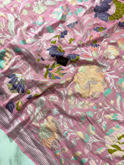 Pastel Pink Pure Tussar Georgette Banarasi Handloom Saree - Meenakari