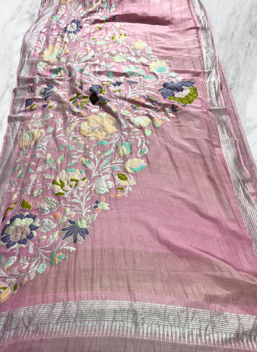 Pastel Pink Pure Tussar Georgette Banarasi Handloom Saree - Meenakari