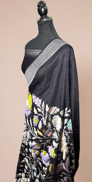 Black Pure Tussar Georgette Banarasi Handloom Saree - Designer Meenakari