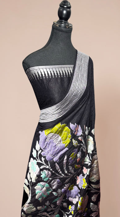 Black Pure Tussar Georgette Banarasi Handloom Saree - Designer Meenakari