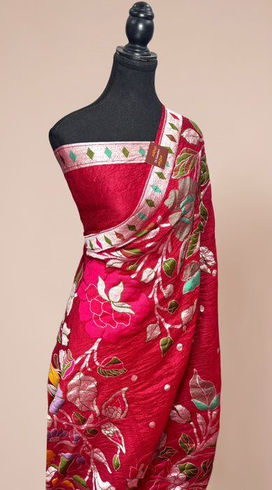 Maroon Pure Tussar Georgette Banarasi Handloom Saree - Designer Meenakari