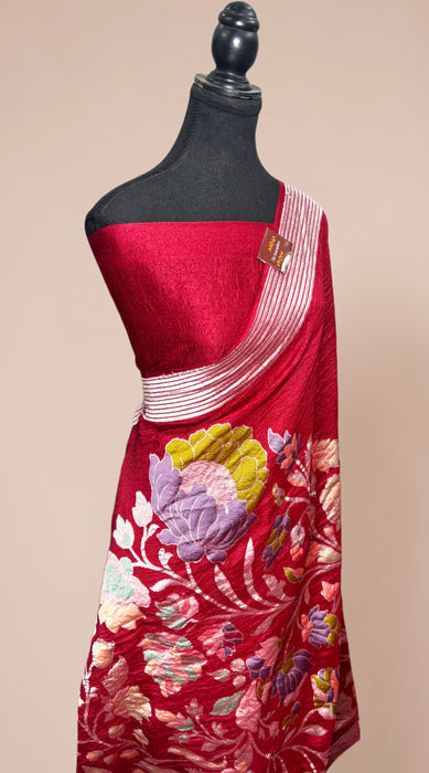 Maroon Pure Tussar Georgette Banarasi Handloom Saree - Designer Meenakari