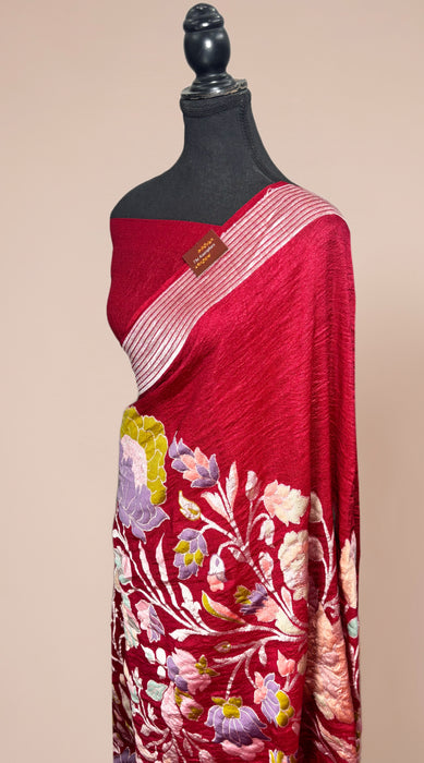 Maroon Pure Tussar Georgette Banarasi Handloom Saree - Designer Meenakari