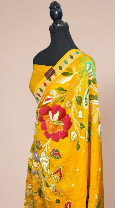 Yellow Pure Tussar Georgette Banarasi Handloom Saree - Designer Meenakari