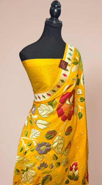 Yellow Pure Tussar Georgette Banarasi Handloom Saree - Designer Meenakari