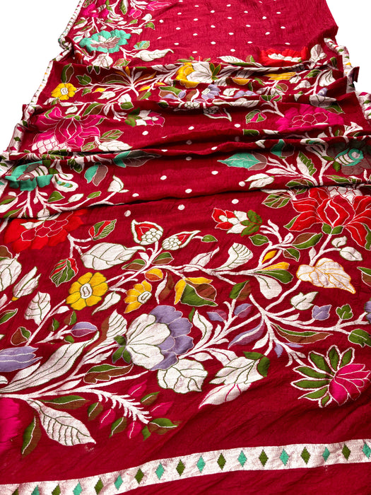 Maroon Pure Tussar Georgette Banarasi Handloom Saree - Designer Meenakari