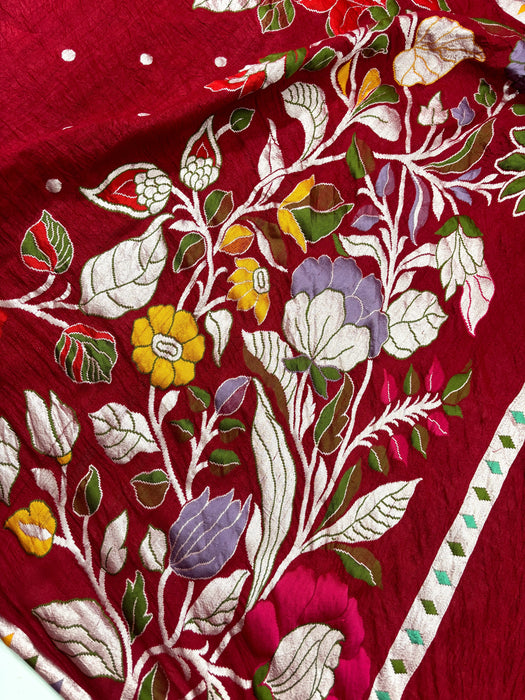 Maroon Pure Tussar Georgette Banarasi Handloom Saree - Designer Meenakari