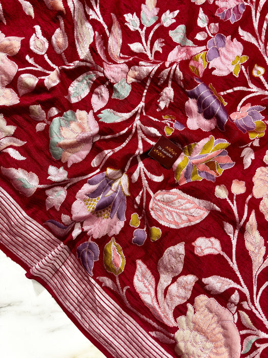 Maroon Pure Tussar Georgette Banarasi Handloom Saree - Designer Meenakari