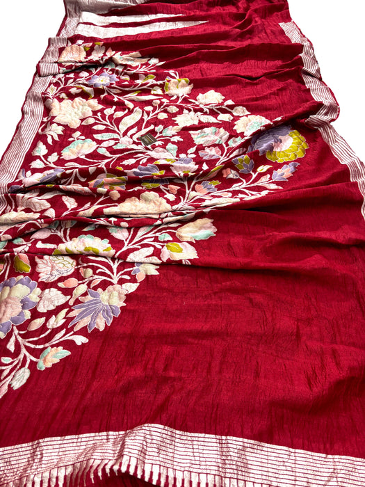 Maroon Pure Tussar Georgette Banarasi Handloom Saree - Designer Meenakari