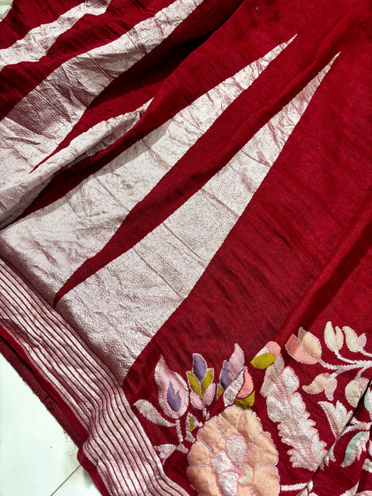 Maroon Pure Tussar Georgette Banarasi Handloom Saree - Designer Meenakari