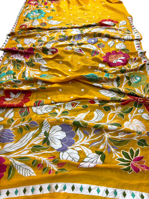 Yellow Pure Tussar Georgette Banarasi Handloom Saree - Designer Meenakari