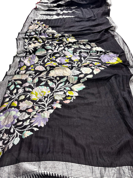 Black Pure Tussar Georgette Banarasi Handloom Saree - Designer Meenakari