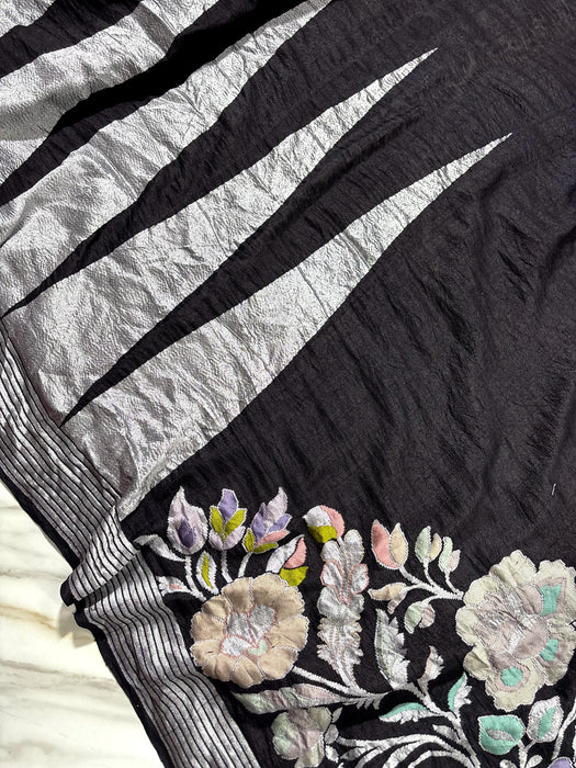 Black Pure Tussar Georgette Banarasi Handloom Saree - Designer Meenakari