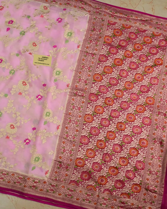 Italian Pink Khaddi Georgette Banarasi Handloom Saree - Meenakari Jaal