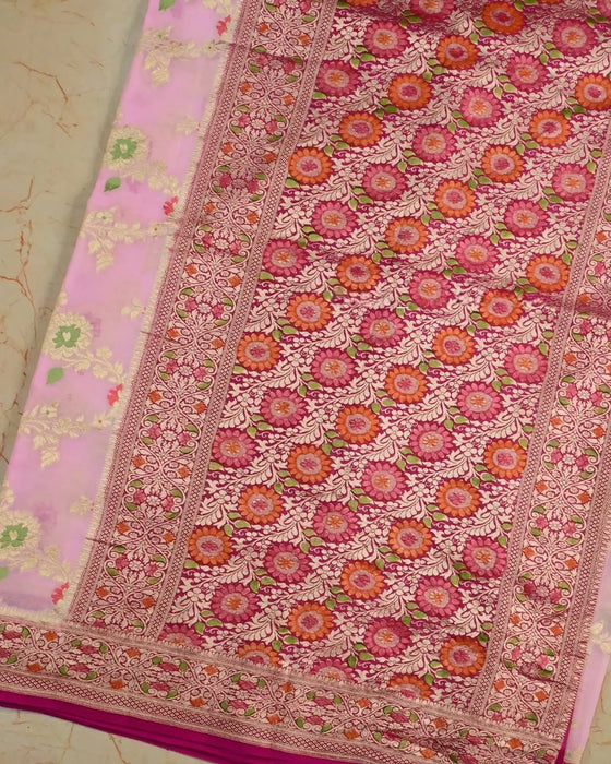 Italian Pink Khaddi Georgette Banarasi Handloom Saree - Meenakari Jaal