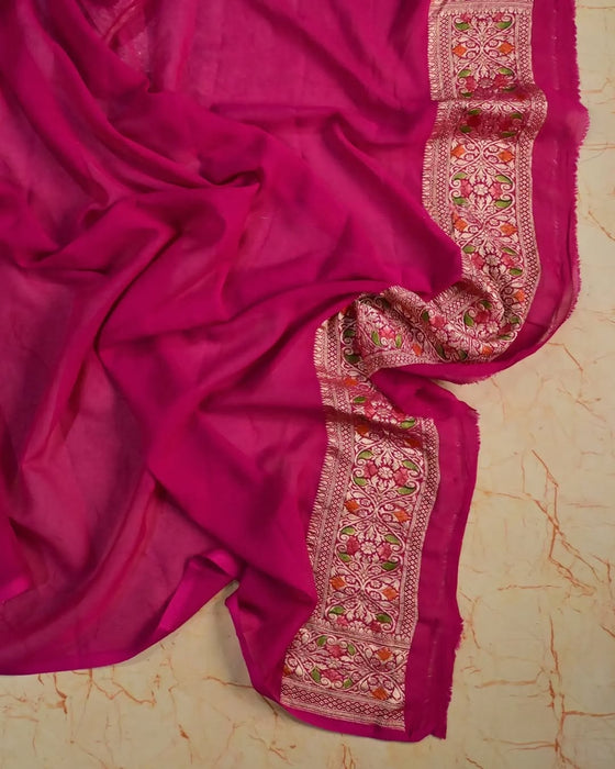 Italian Pink Khaddi Georgette Banarasi Handloom Saree - Meenakari Jaal