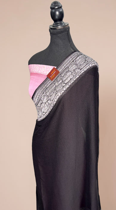 Black Pure Kadhwa Chiffon Georgette Banarasi Saree - Silver Zari
