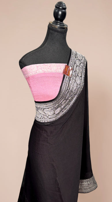 Black Pure Kadhwa Chiffon Georgette Banarasi Saree - Silver Zari