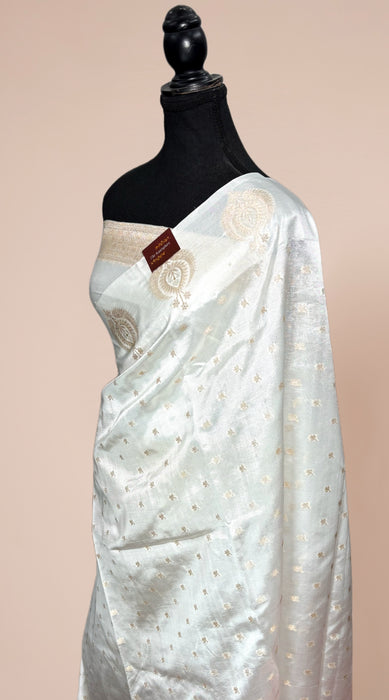 White Pure Raw Mango Katan Banarasi Handloom Saree