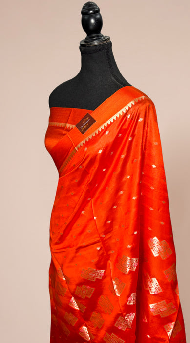 Hot Orange Pure Raw Mango Katan Banarasi Handloom Saree