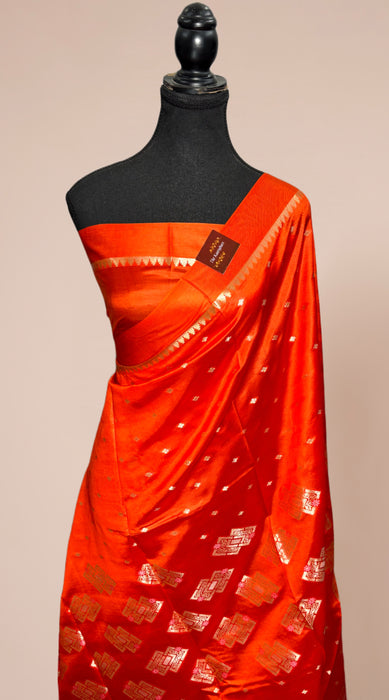 Hot Orange Pure Raw Mango Katan Banarasi Handloom Saree