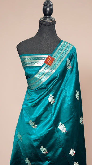 Peacock Green Pure Raw Mango Katan Banarasi Handloom Saree