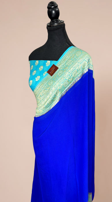 Blue Pure Khaddi Georgette Banarasi Saree - Water zari