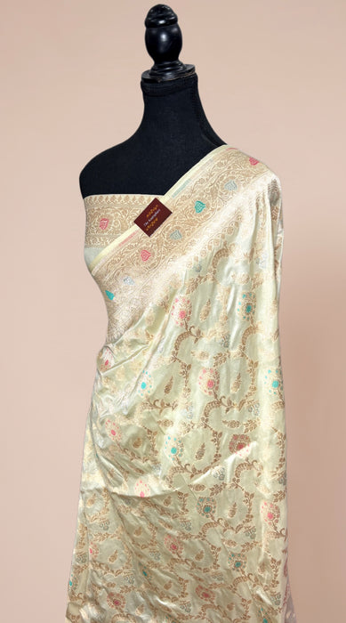 Cream Pure Katan Banarasi Handloom Saree - Meenakari Work